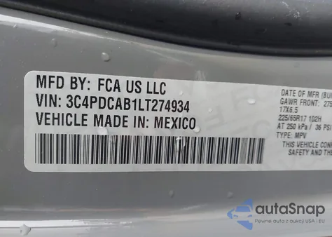 2020 Dodge Journey Se Value из США, поврежденный, VIN 3C4PDCAB1LT274934